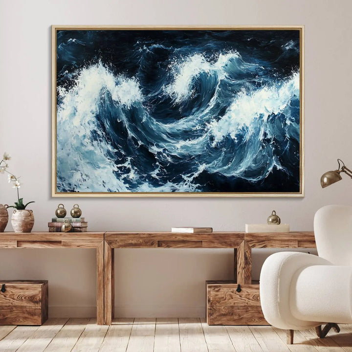 Above the setting, an Abstract Ocean Waves Canvas Wall Art Print is featured.