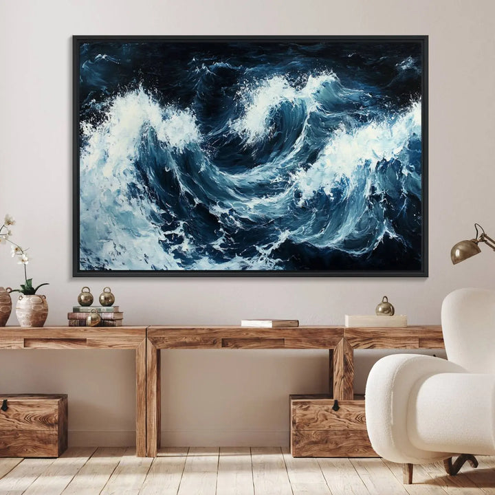 Above the setting, an Abstract Ocean Waves Canvas Wall Art Print is featured.