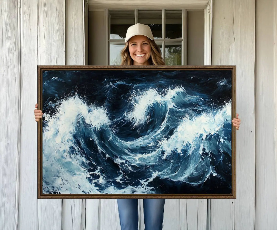 Above the setting, an Abstract Ocean Waves Canvas Wall Art Print is featured.