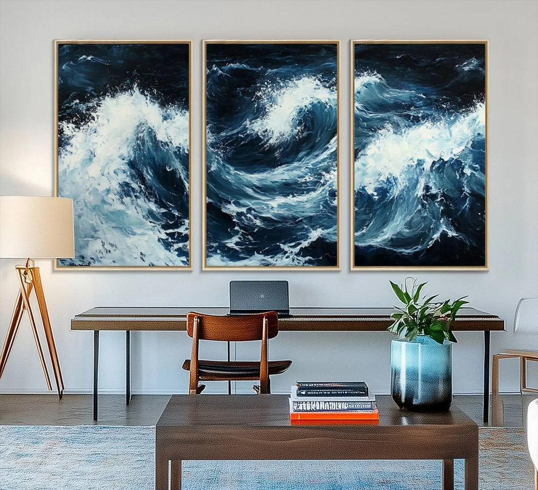 Above the setting, an Abstract Ocean Waves Canvas Wall Art Print is featured.