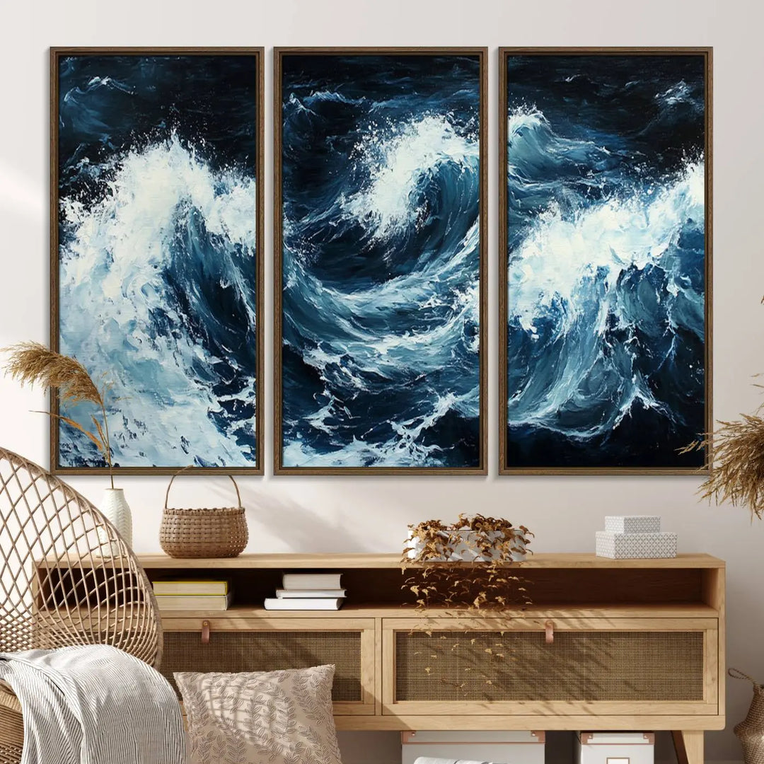 Above the setting, an Abstract Ocean Waves Canvas Wall Art Print is featured.