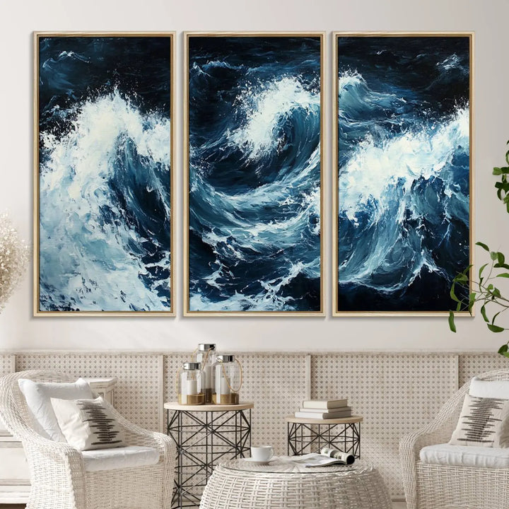 Above the setting, an Abstract Ocean Waves Canvas Wall Art Print is featured.