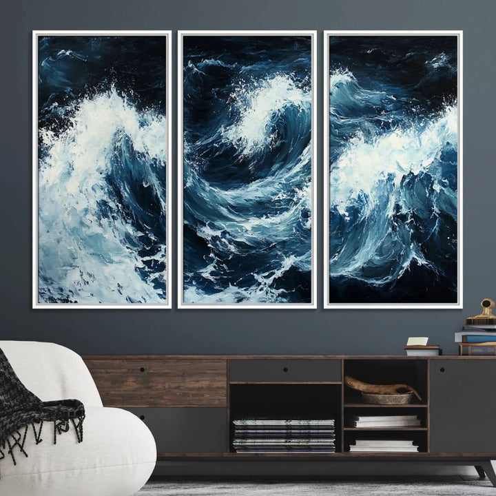 Above the setting, an Abstract Ocean Waves Canvas Wall Art Print is featured.