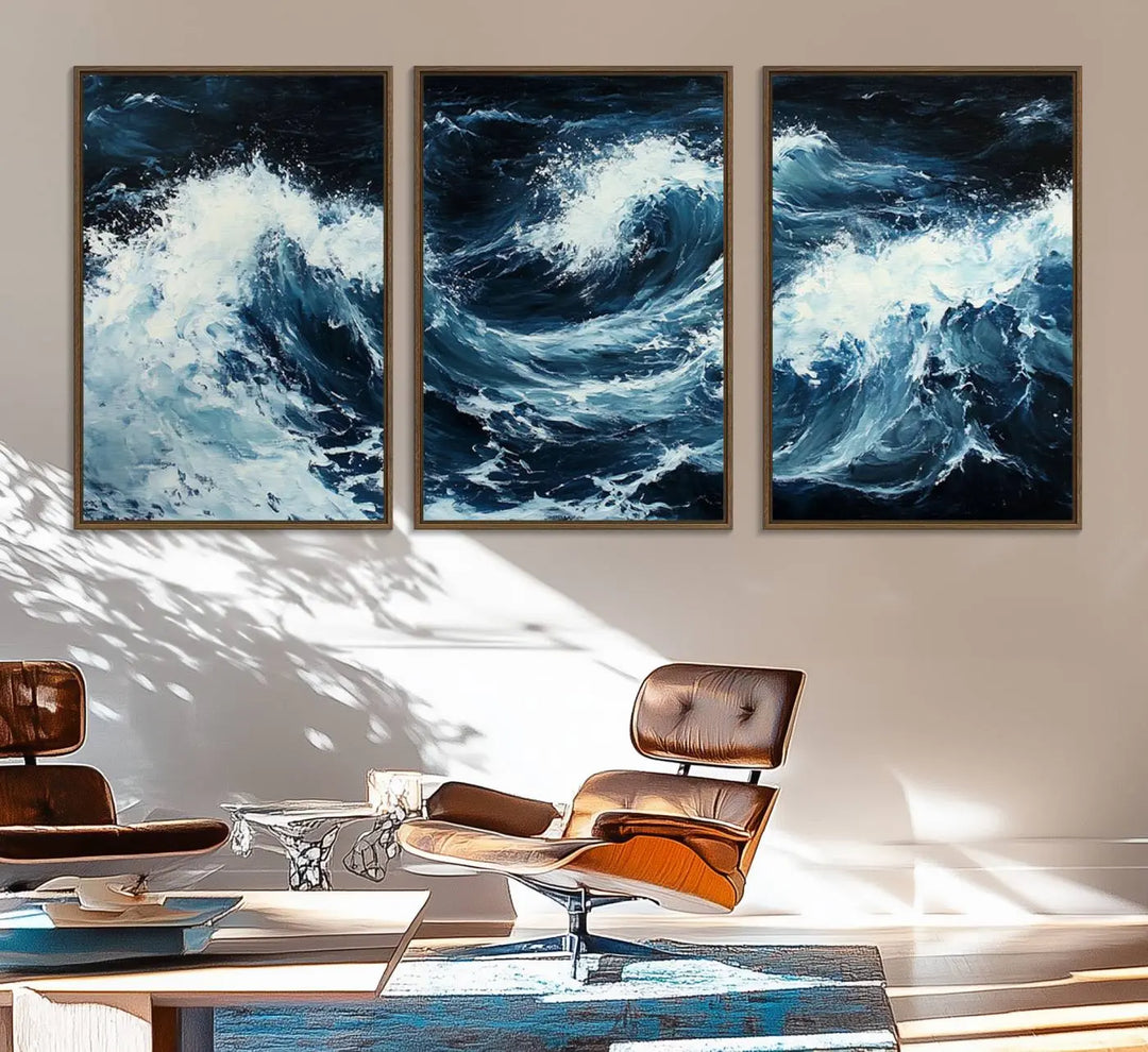 Above the setting, an Abstract Ocean Waves Canvas Wall Art Print is featured.