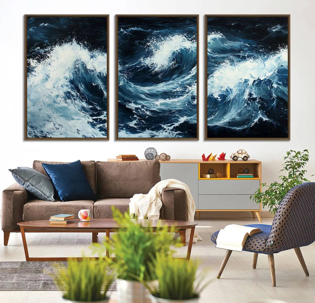 Above the setting, an Abstract Ocean Waves Canvas Wall Art Print is featured.