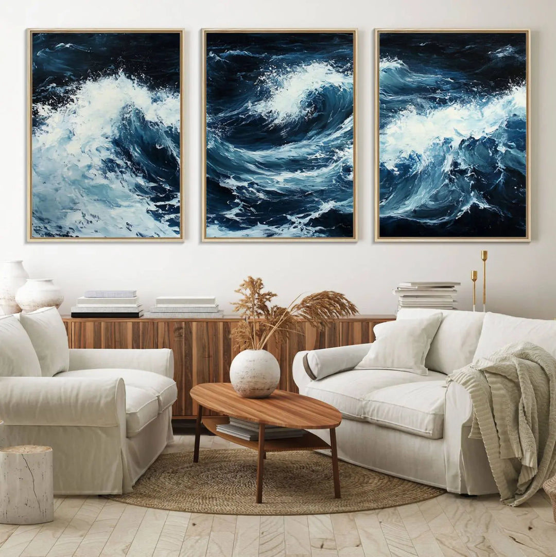 Above the setting, an Abstract Ocean Waves Canvas Wall Art Print is featured.