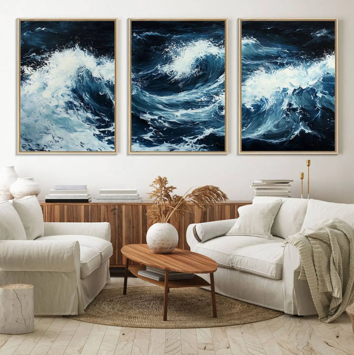 Above the setting, an Abstract Ocean Waves Canvas Wall Art Print is featured.