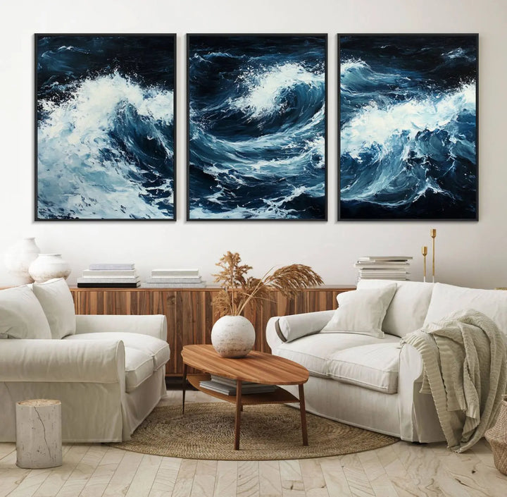 Above the setting, an Abstract Ocean Waves Canvas Wall Art Print is featured.