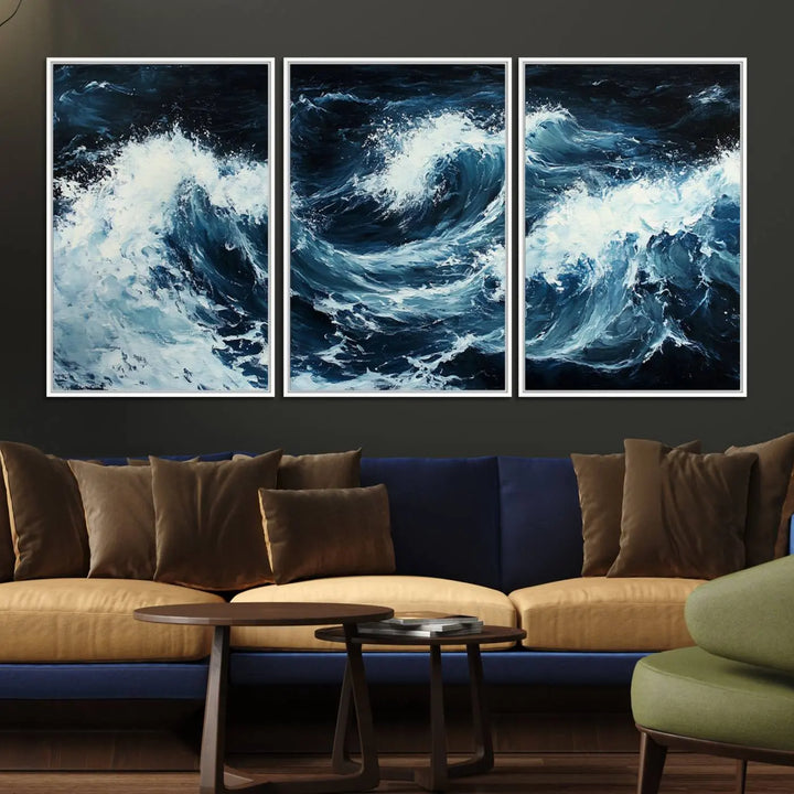 Above the setting, an Abstract Ocean Waves Canvas Wall Art Print is featured.