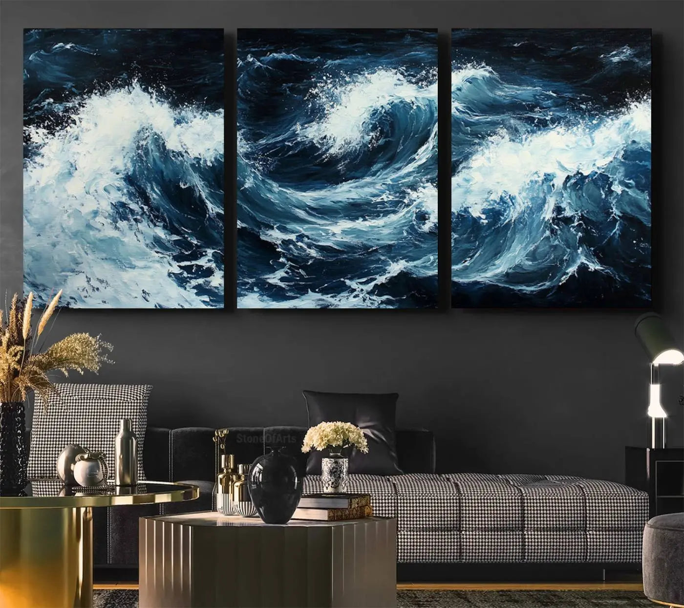 58960-MGV-CV-36X24-Abstract Ocean Waves Wall Art Canvas Print – Dynamic Stormy Sea Modern Coastal Artwork for Home, Office Decor