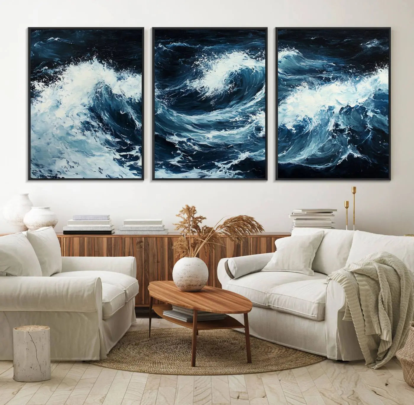58960-MGV-FC-60X30-3P_Black-Abstract Ocean Waves Wall Art Canvas Print – Dynamic Stormy Sea Modern Coastal Artwork for Home, Office Decor