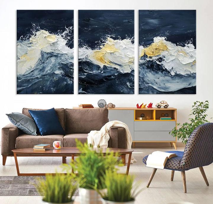 A kitchen featuring framed abstract ocean waves canvas art.