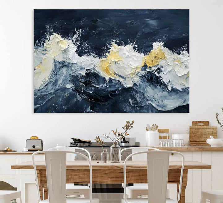 A kitchen featuring framed abstract ocean waves canvas art.