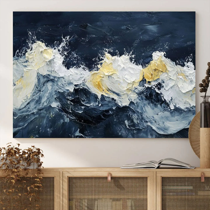 A kitchen featuring framed abstract ocean waves canvas art.