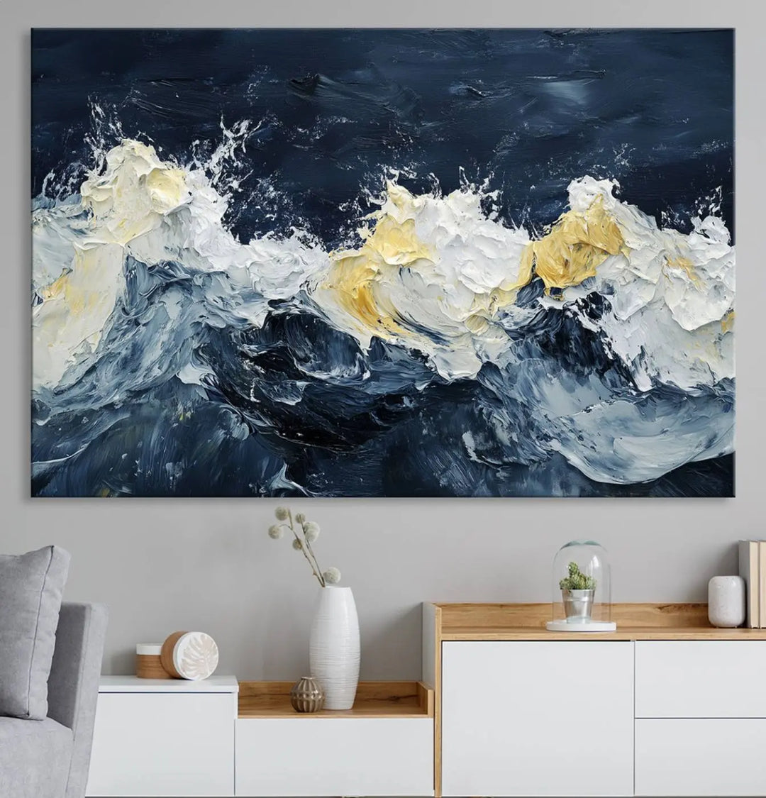 A kitchen featuring framed abstract ocean waves canvas art.