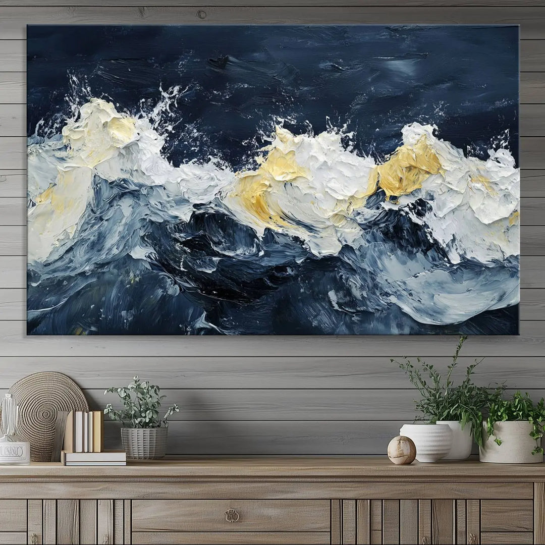 A kitchen featuring framed abstract ocean waves canvas art.