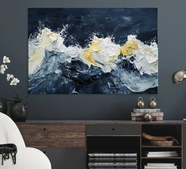 A kitchen featuring framed abstract ocean waves canvas art.