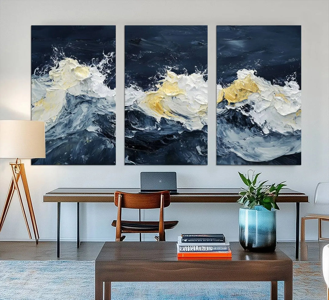 A kitchen featuring framed abstract ocean waves canvas art.