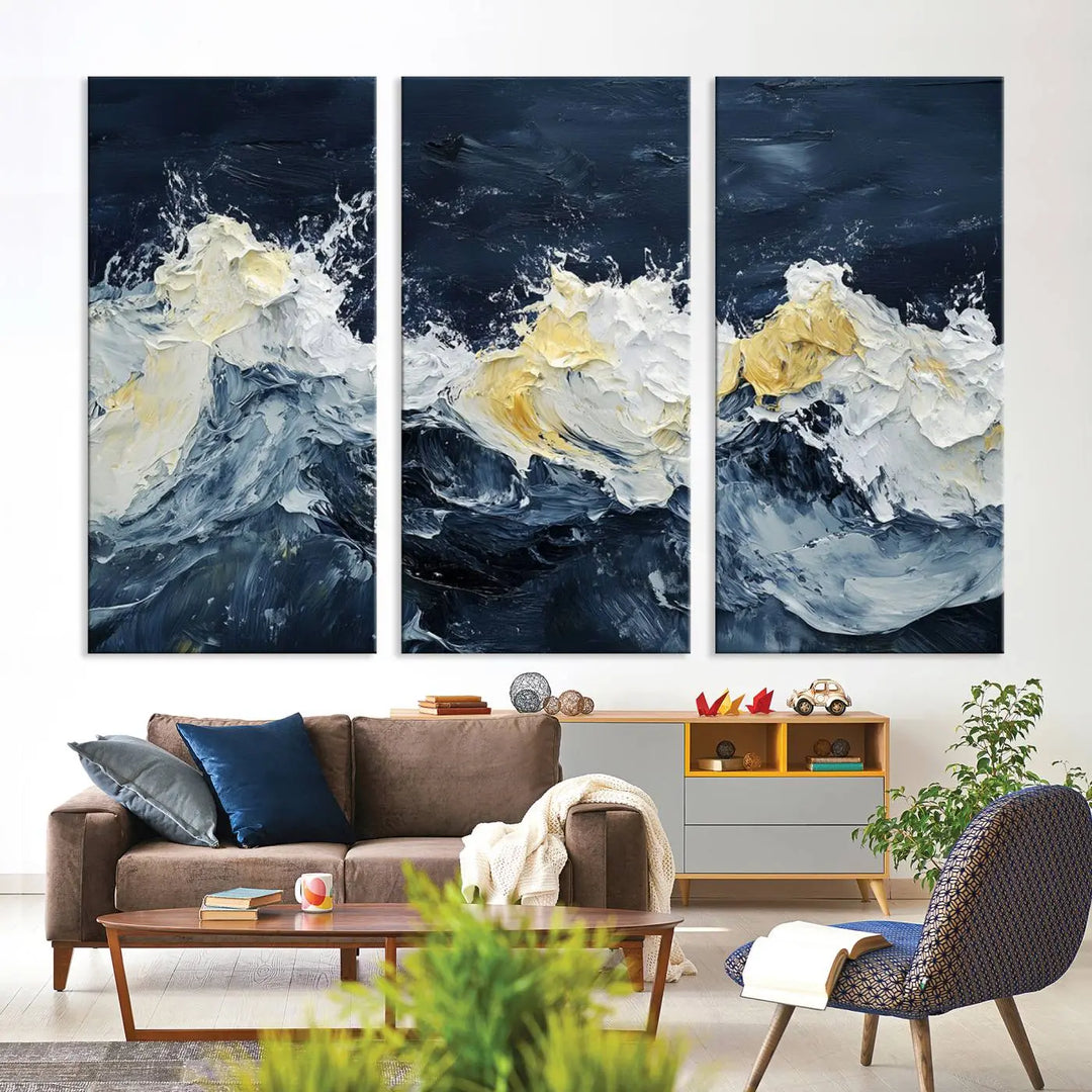 A kitchen featuring framed abstract ocean waves canvas art.