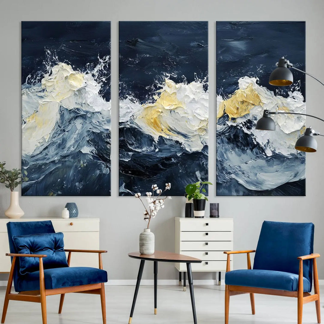 A kitchen featuring framed abstract ocean waves canvas art.