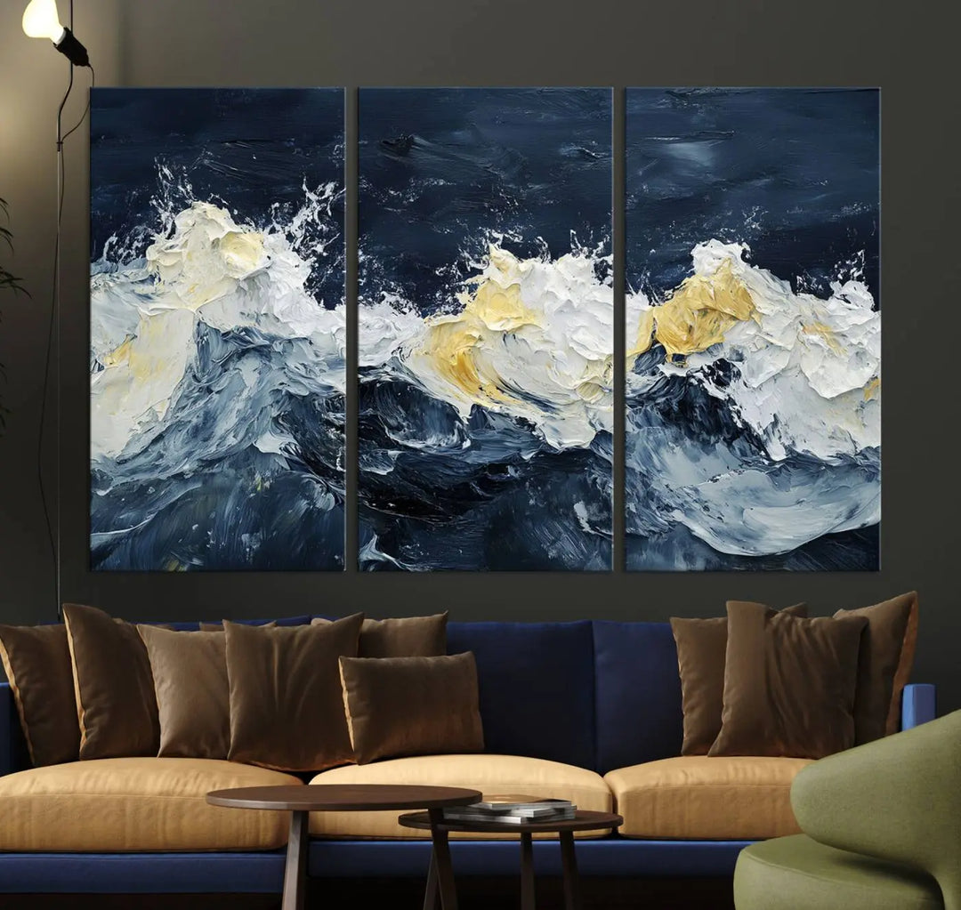 A kitchen featuring framed abstract ocean waves canvas art.