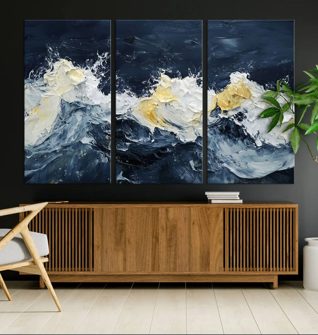 A kitchen featuring framed abstract ocean waves canvas art.