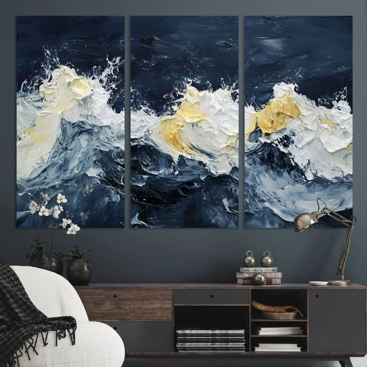 A kitchen featuring framed abstract ocean waves canvas art.