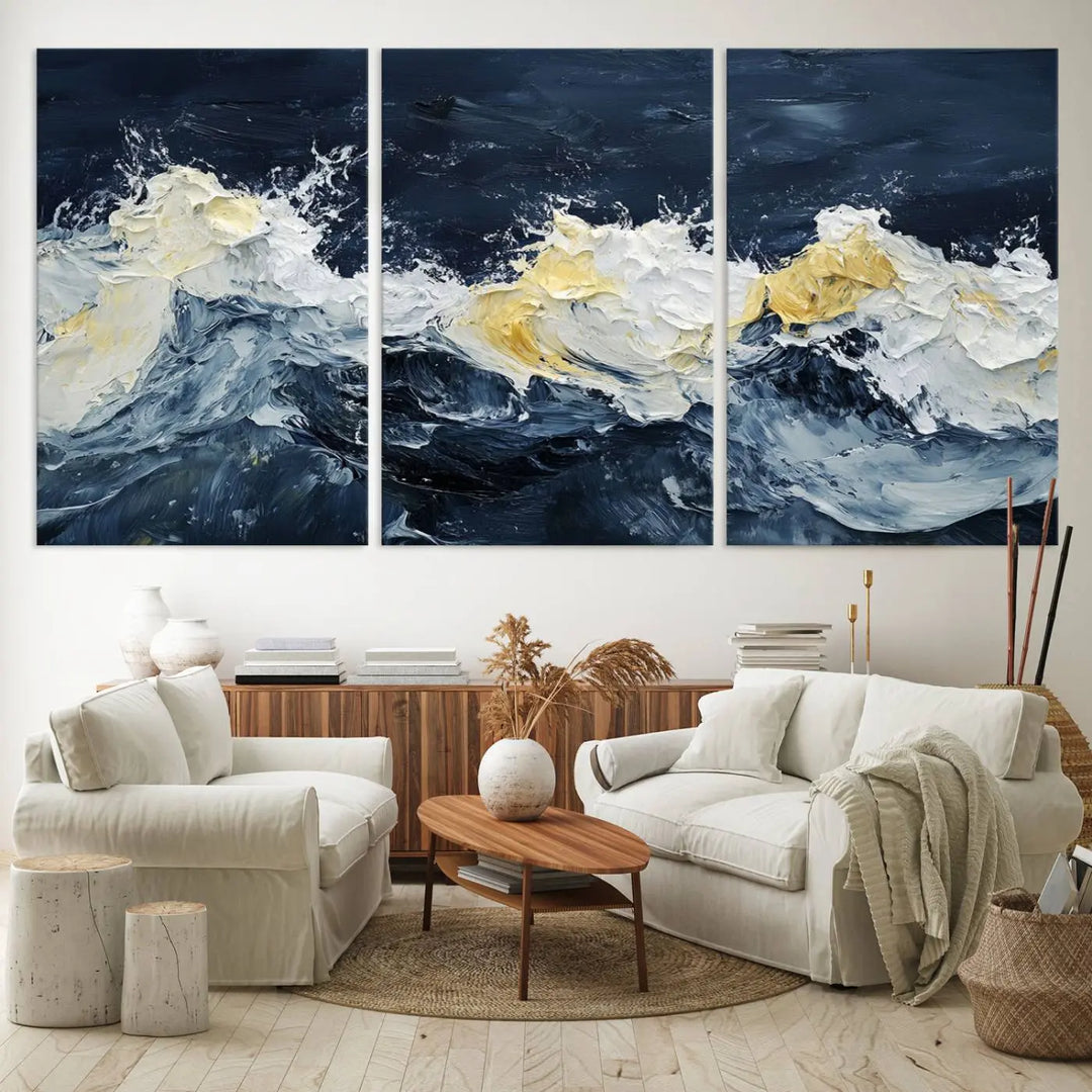 A kitchen featuring framed abstract ocean waves canvas art.