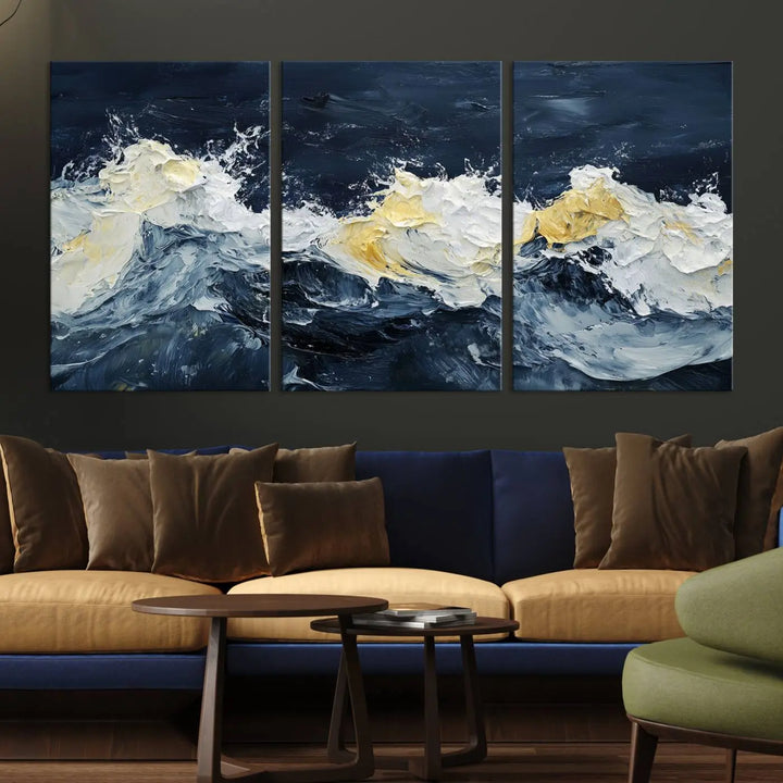 A kitchen featuring framed abstract ocean waves canvas art.