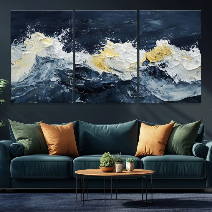 A kitchen featuring framed abstract ocean waves canvas art.