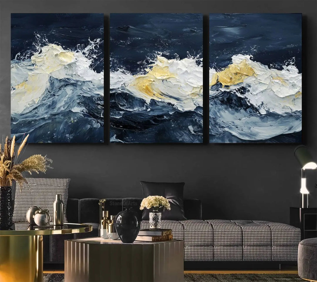 A kitchen featuring framed abstract ocean waves canvas art.