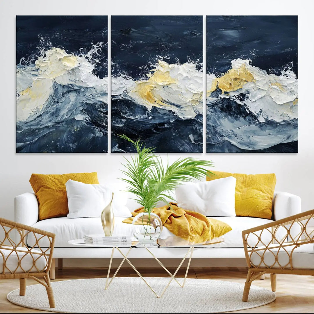 A kitchen featuring framed abstract ocean waves canvas art.