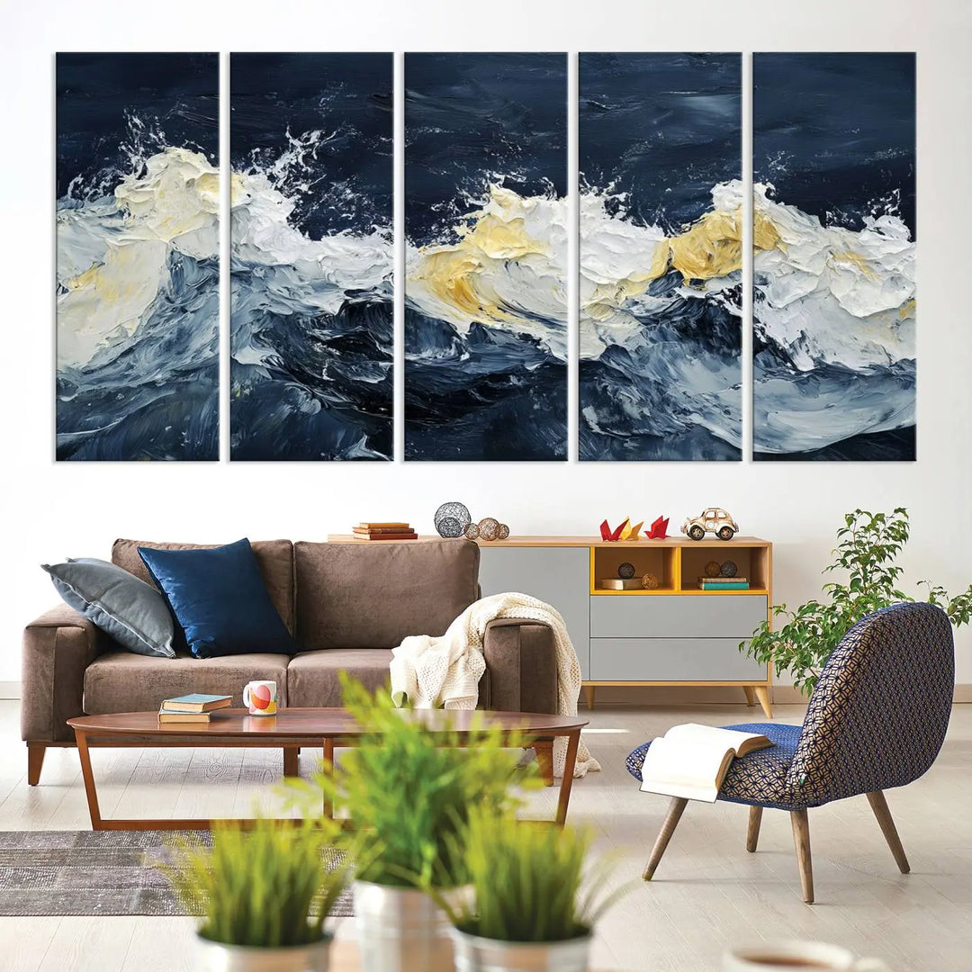 A kitchen featuring framed abstract ocean waves canvas art.