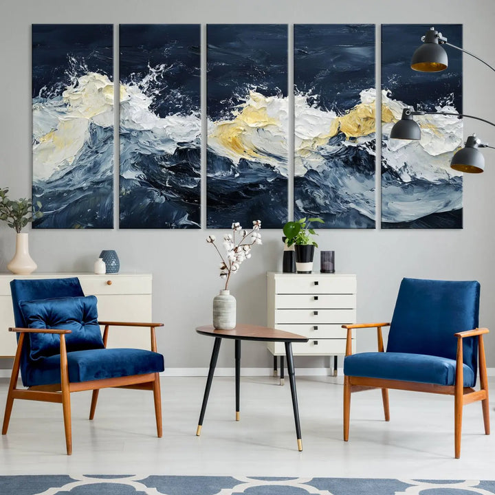 A kitchen featuring framed abstract ocean waves canvas art.