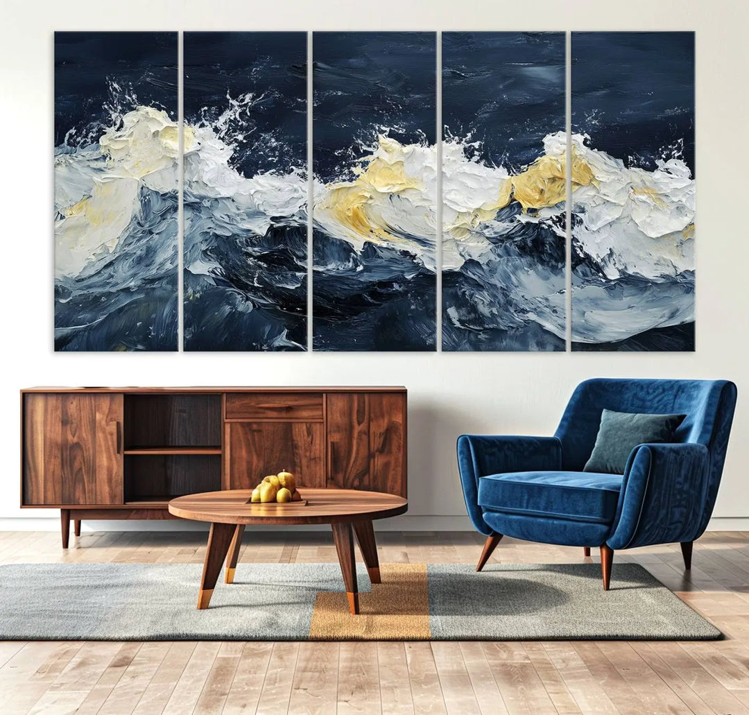 A kitchen featuring framed abstract ocean waves canvas art.