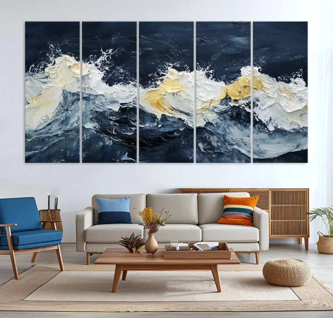 A kitchen featuring framed abstract ocean waves canvas art.