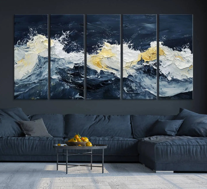 A kitchen featuring framed abstract ocean waves canvas art.