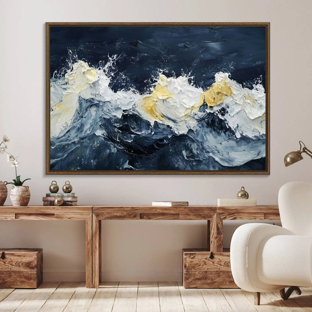 A kitchen featuring framed abstract ocean waves canvas art.