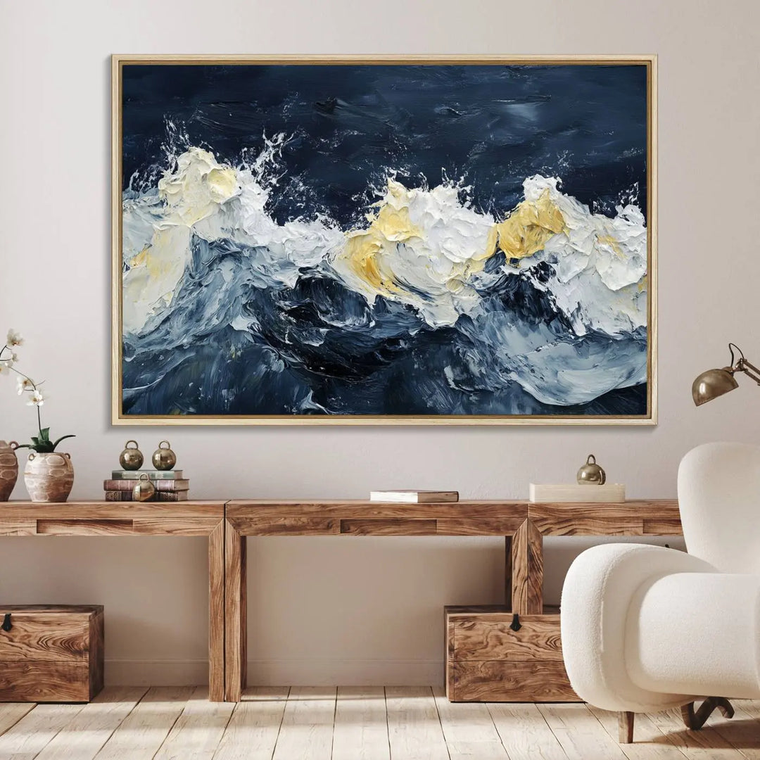 A kitchen featuring framed abstract ocean waves canvas art.