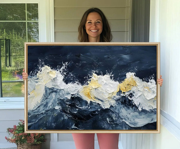 A kitchen featuring framed abstract ocean waves canvas art.