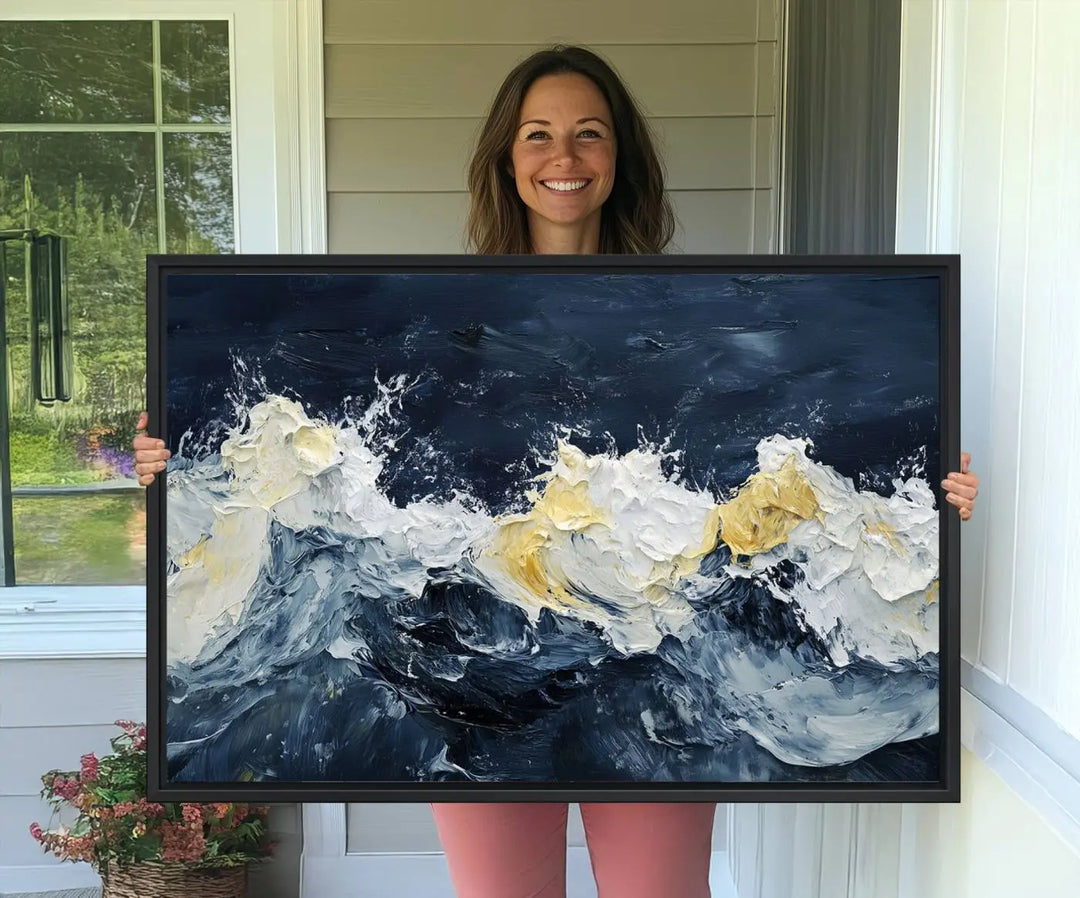 A kitchen featuring framed abstract ocean waves canvas art.