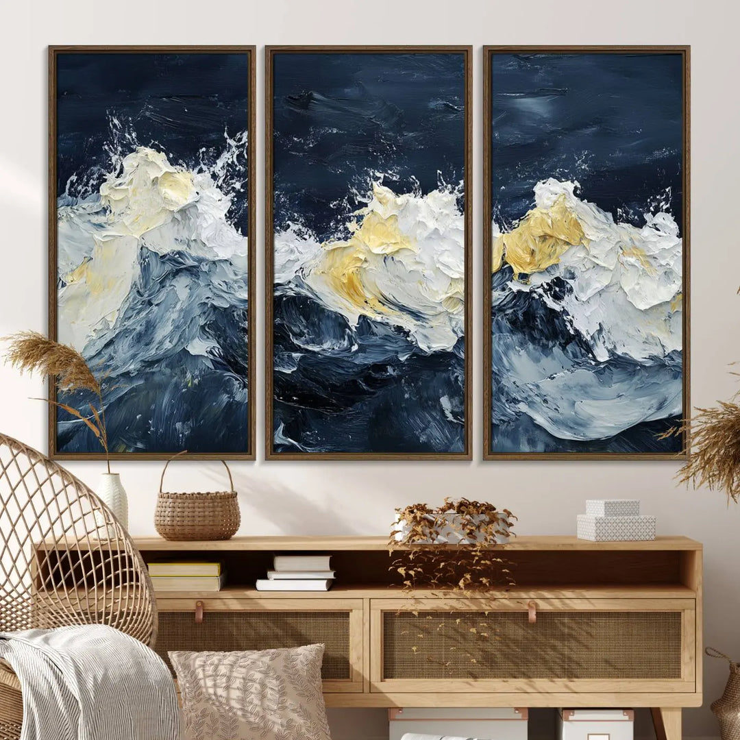 A kitchen featuring framed abstract ocean waves canvas art.