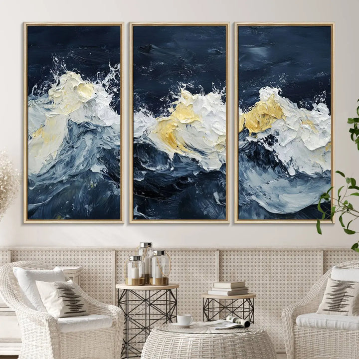 A kitchen featuring framed abstract ocean waves canvas art.