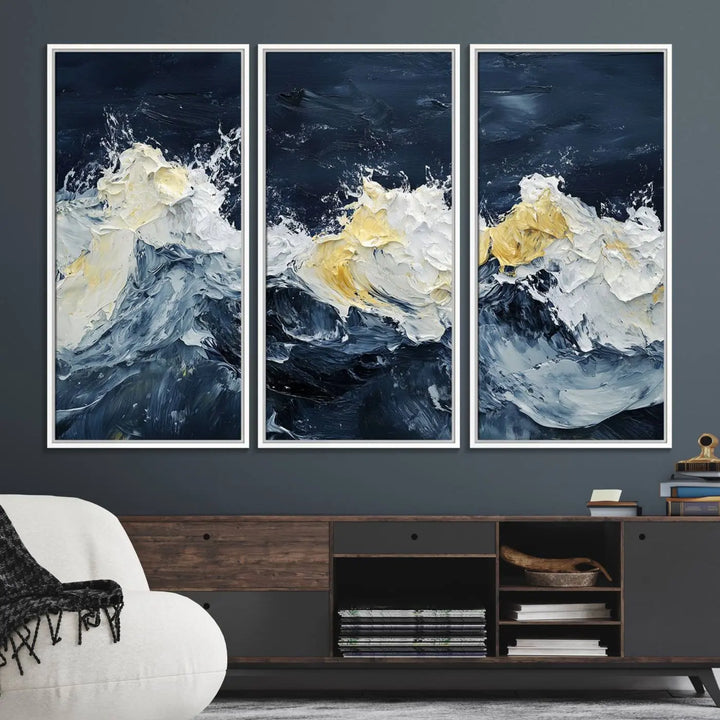 A kitchen featuring framed abstract ocean waves canvas art.