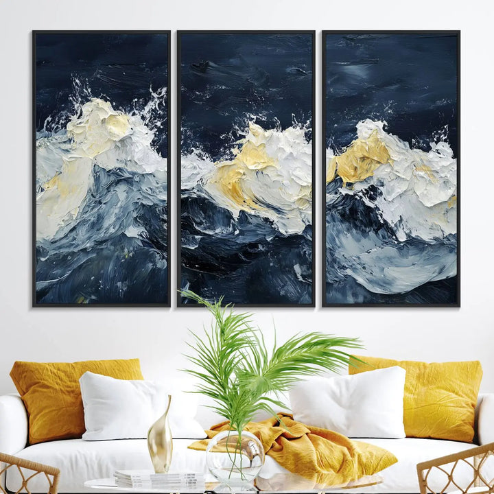 A kitchen featuring framed abstract ocean waves canvas art.