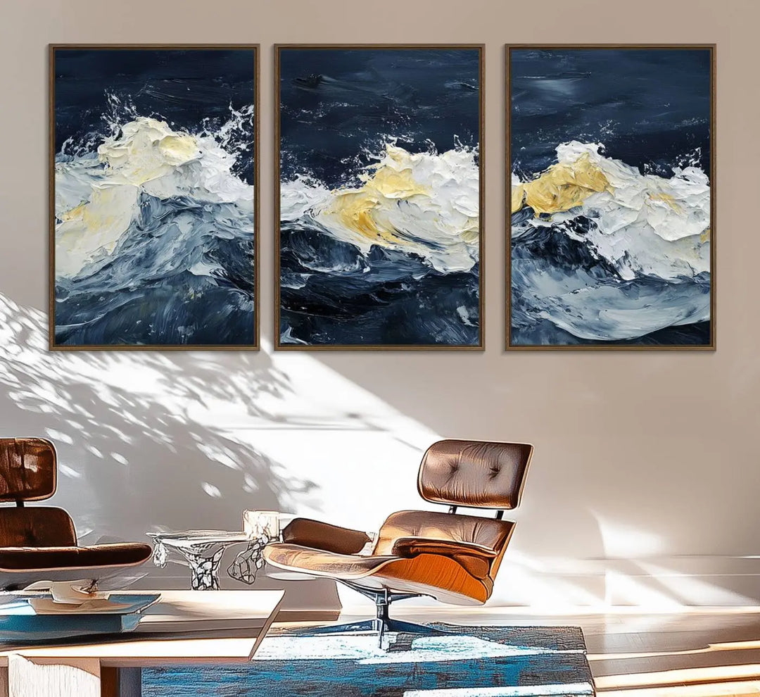 A kitchen featuring framed abstract ocean waves canvas art.