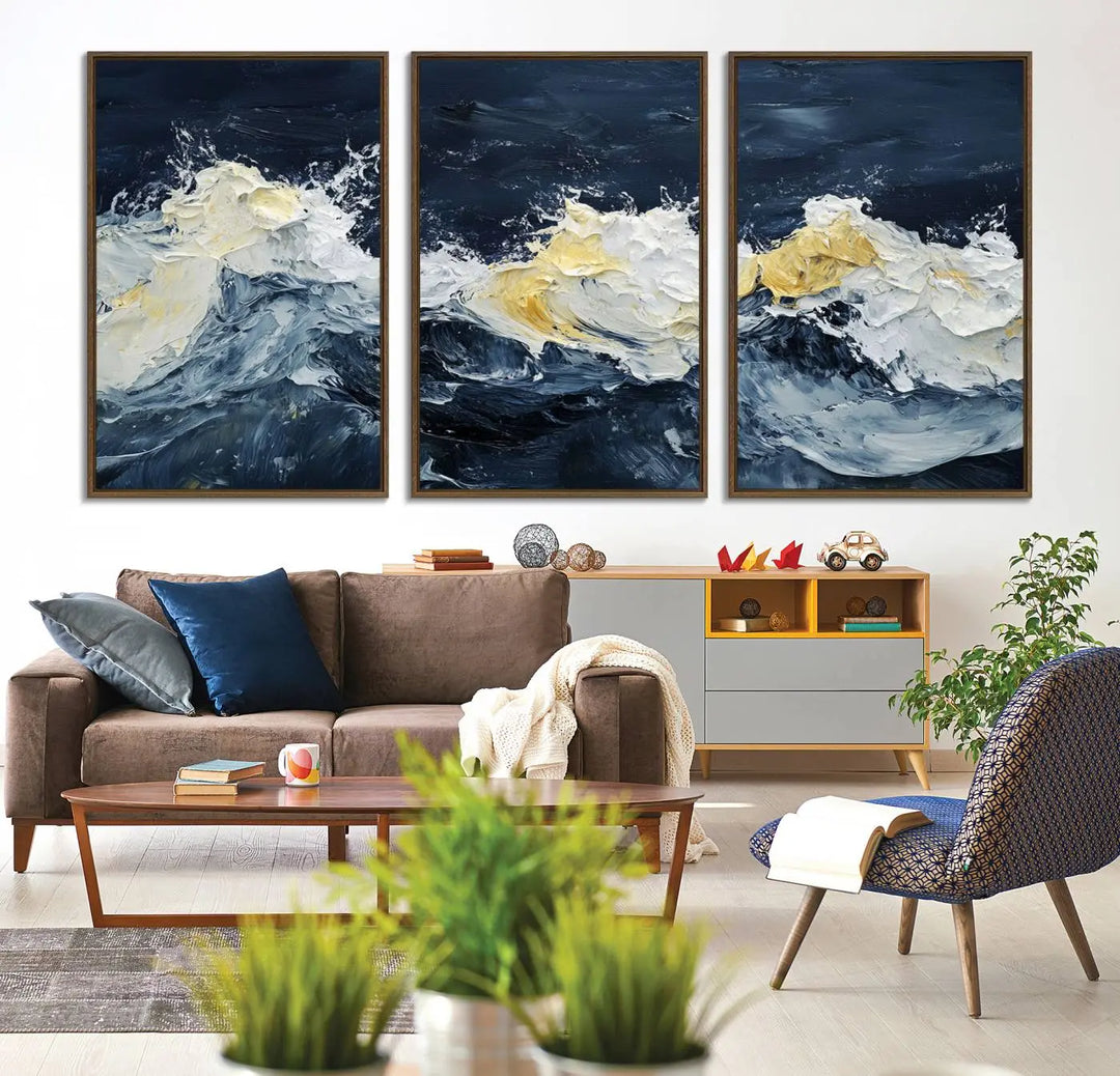 A kitchen featuring framed abstract ocean waves canvas art.