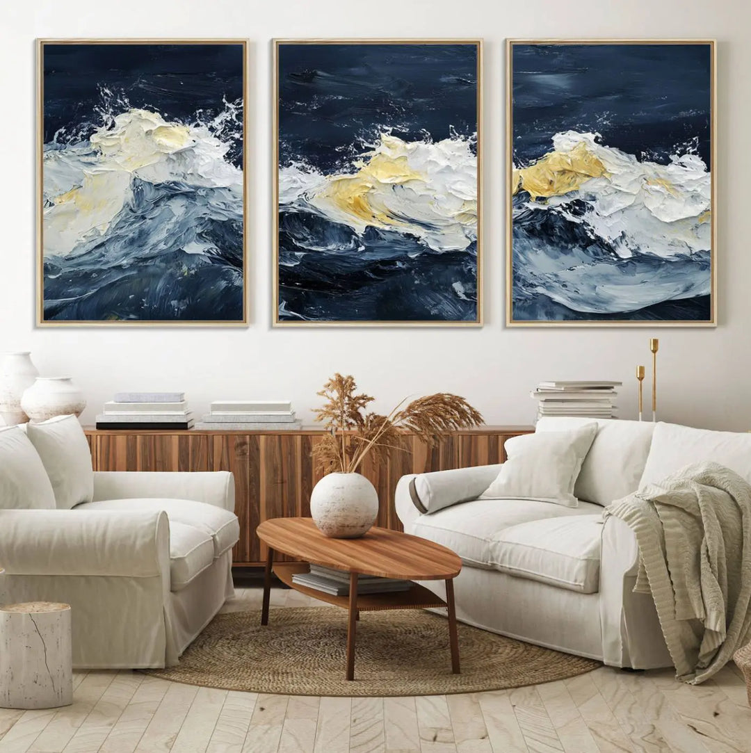 A kitchen featuring framed abstract ocean waves canvas art.