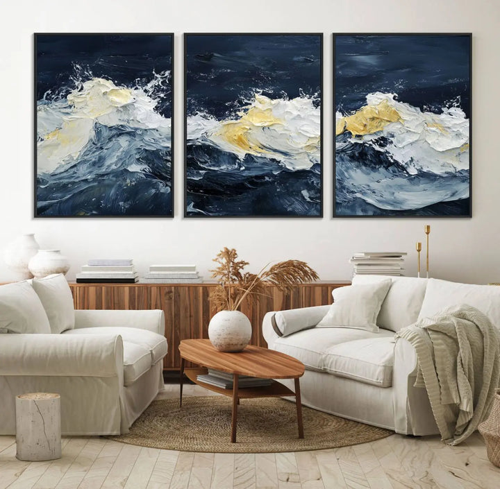 A kitchen featuring framed abstract ocean waves canvas art.