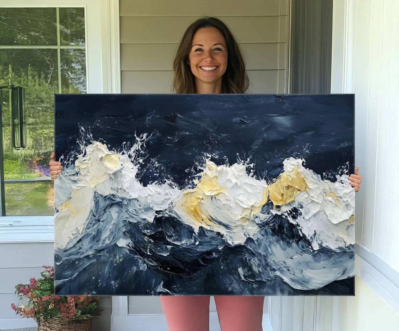 89192-MGV-CV-36X24-Abstract Ocean Waves Wall Art Canvas Print – Framed Blue White Sea Painting Modern Coastal Artwork for Home, Office Decor